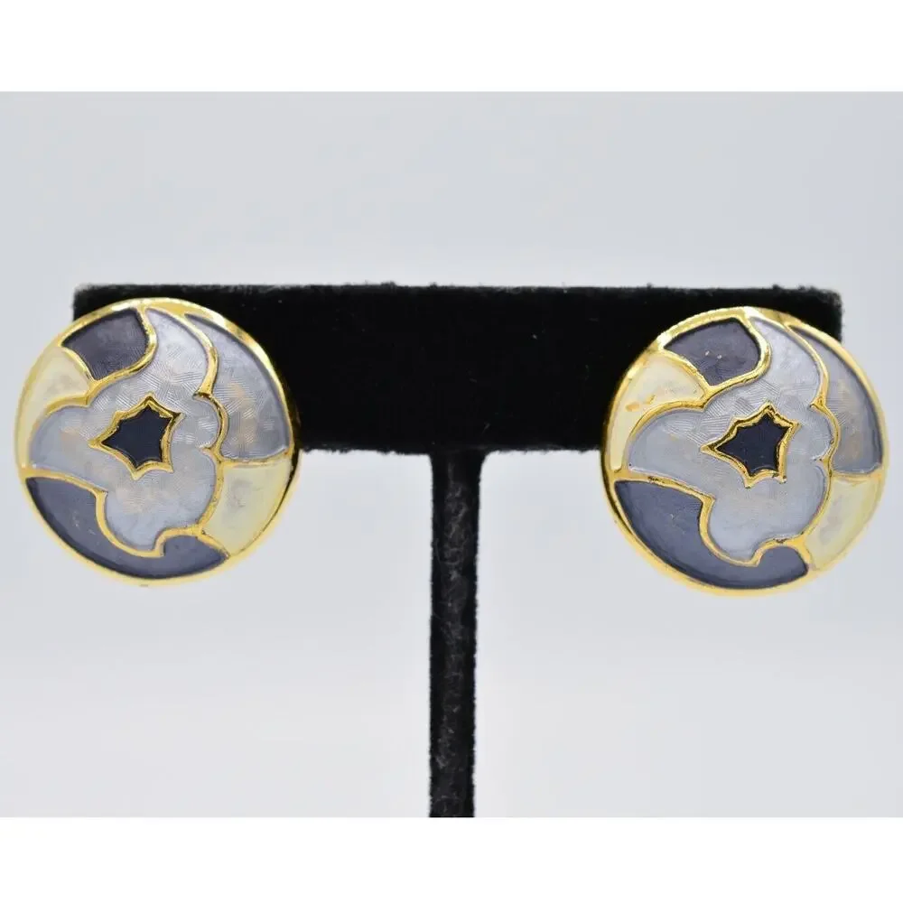Vintage Clip On Earrings Gold Multi-Tone Blue White Enamel Round NOS 1980s BinAA